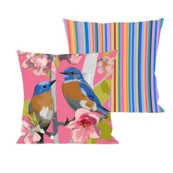 Pillows^Evergreen Birdies On Cherry Blossoms Pillow Cover