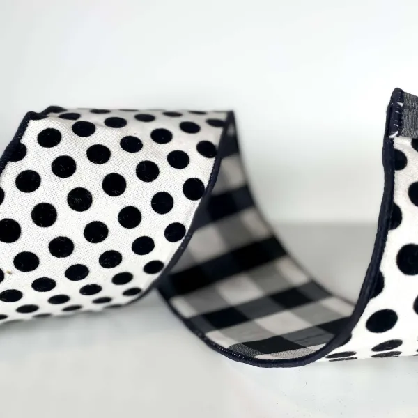 Spring^Farrisilk Black And White Linen Polka Dot Plaid Ribbon, 4" X 10Yd