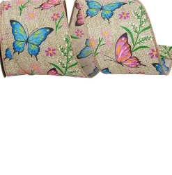 Spring^Reliant Ribbon Butterflies And Flowers Natural Ribbon, 2.5"X10Yd