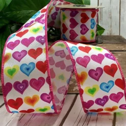 Ribbon^D. Stevens Colorful Hearts On White Ribbon With Pink Edge 2.5" X 10Yds