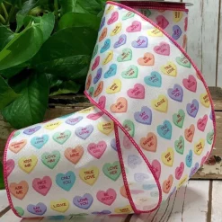 Ribbon^D. Stevens Conversation Hearts On White Ribbon With Pink Edge, 4" X 10Yd