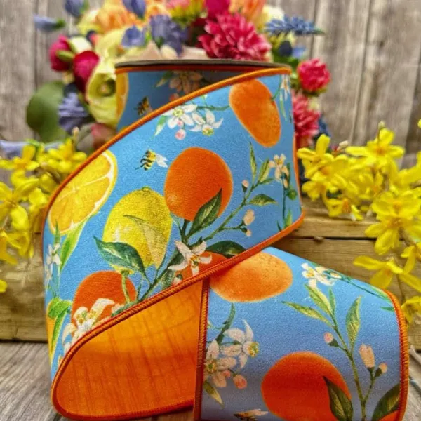 Ribbon^D. Stevens Dupion Watercolor Citrus And Blossoms Ribbon, 4"X 10Yd