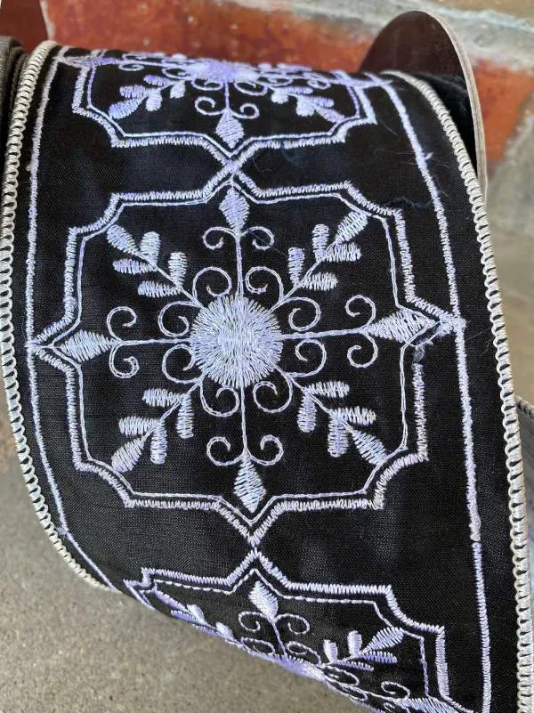 Spring Ribbon^D. Stevens Faux Dupion Filigree Design In White And Black, 4" X 10Yd.