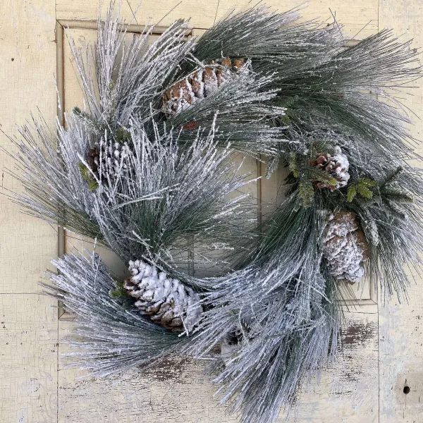Wall Decor^Liberty Floral Flocked Long Needle Pine Wreath, 24"
