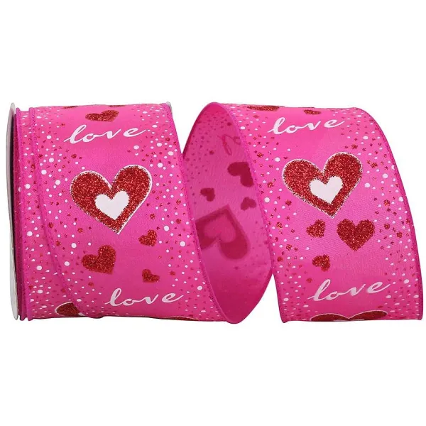 Ribbon^Reliant Ribbon Fuchsia Glitter Heart Ribbon, 2.5"X10Yd