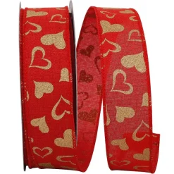 Ribbon^Reliant Ribbon Gold Heart On Red Linen Ribbon, 1.5" X 25Yd