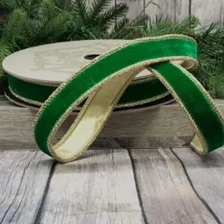 Ribbon^D. Stevens Green Velvet Glitter Gold Trim Ribbon, 1" X 10Yd