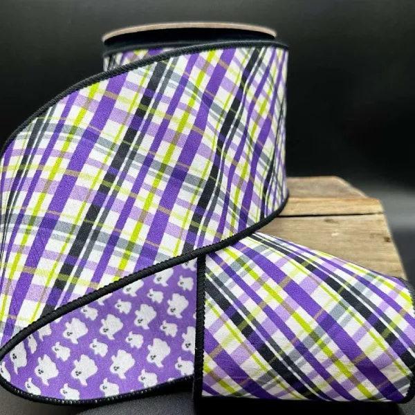 Halloween^D. Stevens Halloween Purple Plaid With Ghost Ribbon, 4" X 10Yd