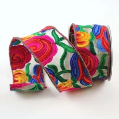 Spring Ribbon^Farrisilk Hand Embroidered Folk Art Floral Ribbon 4"X10Yd