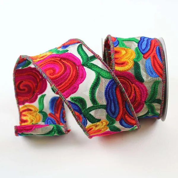 Spring^Farrisilk Hand Embroidered Folk Art Floral Ribbon 4"X10Yd