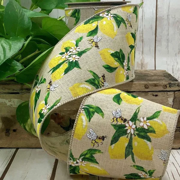 Spring Ribbon^D. Stevens Lemon And Bees On Tan Ribbon 4"X10Yds