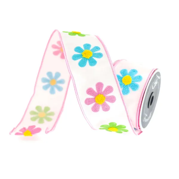 Spring Ribbon^Farrisilk Light Pink Spring Daisies Ribbon, 2.5" X 10Yd