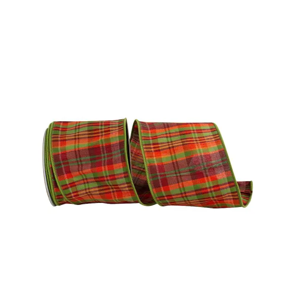 Ribbon^Reliant Ribbon Moss And Cranberry Plaid Ribbon, 4" X 10Yd