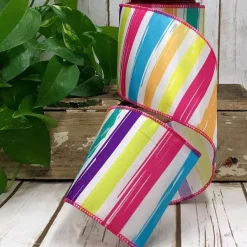 Spring^D. Stevens Multicolored And White Striped With Pink Piped Ribbon 4"X10Yds