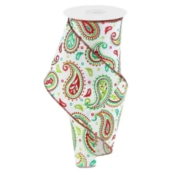 Ribbon^Craig Bachman Paisley In White, Lime, Red And Emerald, 4"X10Yd.