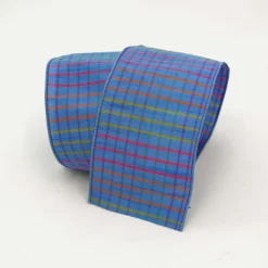 Spring Ribbon^Farrisilk Pastel Checks On Periwinkle Burlap 4"X10Yd