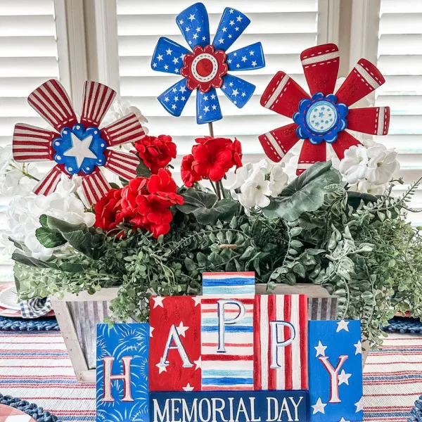 Pot Stakes^The Round Top Collection Patriotic Ribbon Flowers