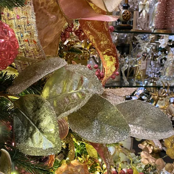 Floral Decor^Creative Coop Platinum Glitter Magnolia Leaf Spray