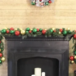 Garlands^Farrisilk Red, Gold & Emerald Green Ball Garland, 10'