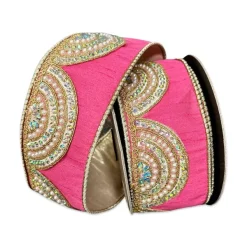 Ribbon^D. Stevens Scallop Iridescent Pearl Trim Pink And Gold Ribbon, 2.5" X 5Yd