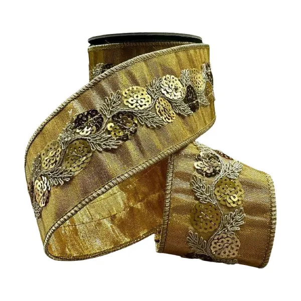 Ribbon^D. Stevens Sequin Small Floral Gold Ribbon, 2" X 5Yd