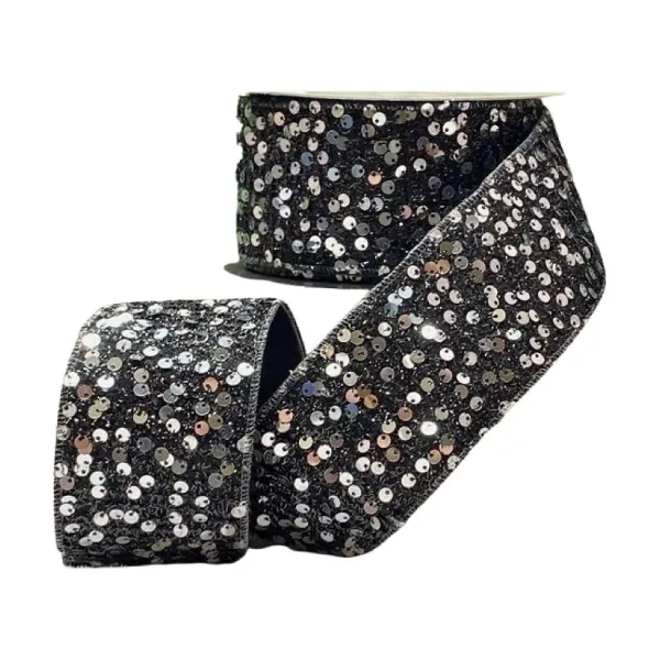 Ribbon^D. Stevens Silver And Black Sequin Tinsel Ribbon, 2.5" X 10Yd