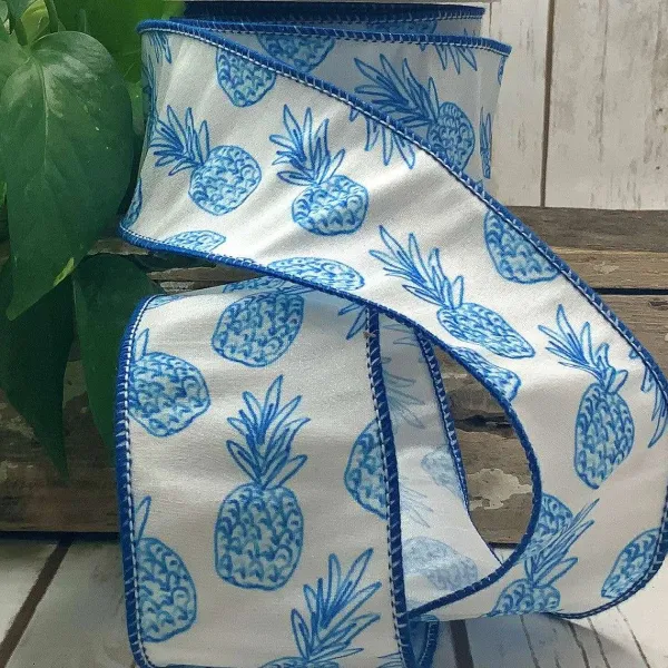 Spring^D. Stevens Sketch Blue Pineapple On White 2.5"X10Yds