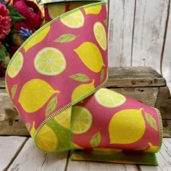 Ribbon^D. Stevens Sliced Lemons Pink Ribbon, 4