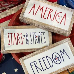 Table Decor^Transpac Stars And Stripes Wood Frame Metal Block