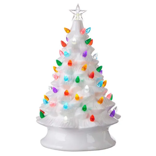 Table Decor^RAZ White Vintage Lighted Tree With Timer, 13"
