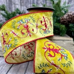 Ribbon^D. Stevens Yellow Velvet Embroidered Ribbon, 4" X 5Yd